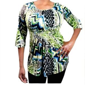 TARA RYAN SMOCK Large Green Black Blue Print Elastic belt style waist